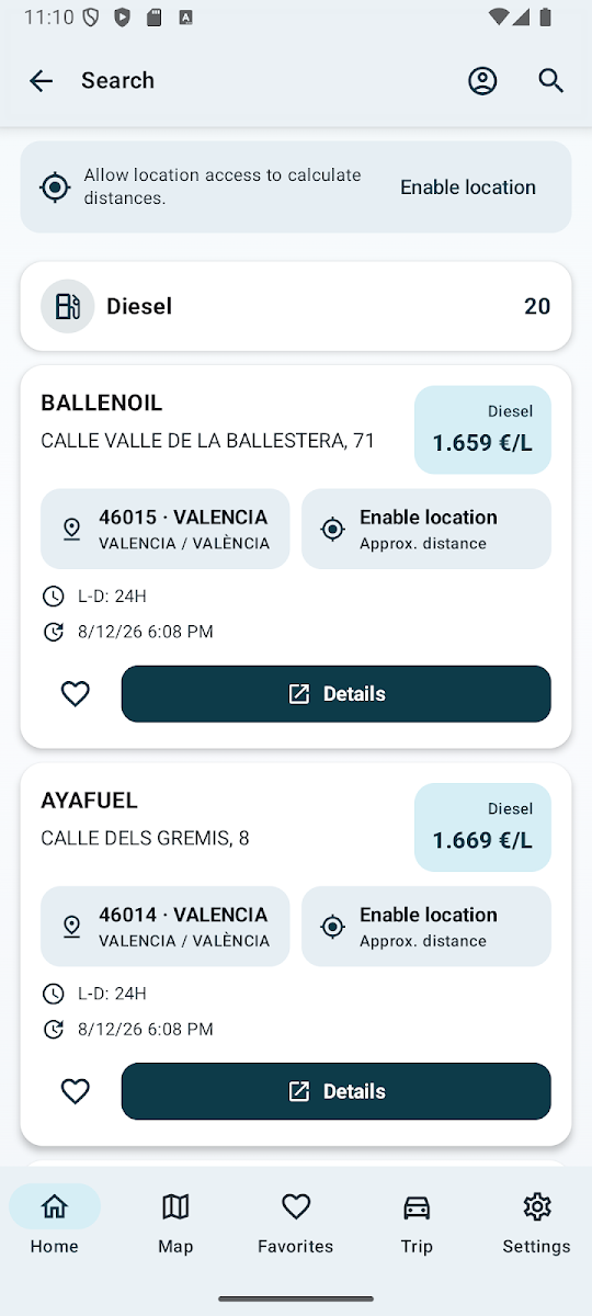 Captura de la app con una lista de gasolineras y sus precios de diésel