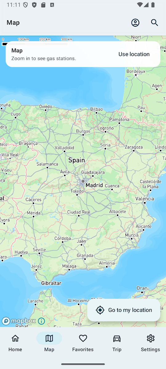 Captura de la app con el mapa de España para buscar gasolineras